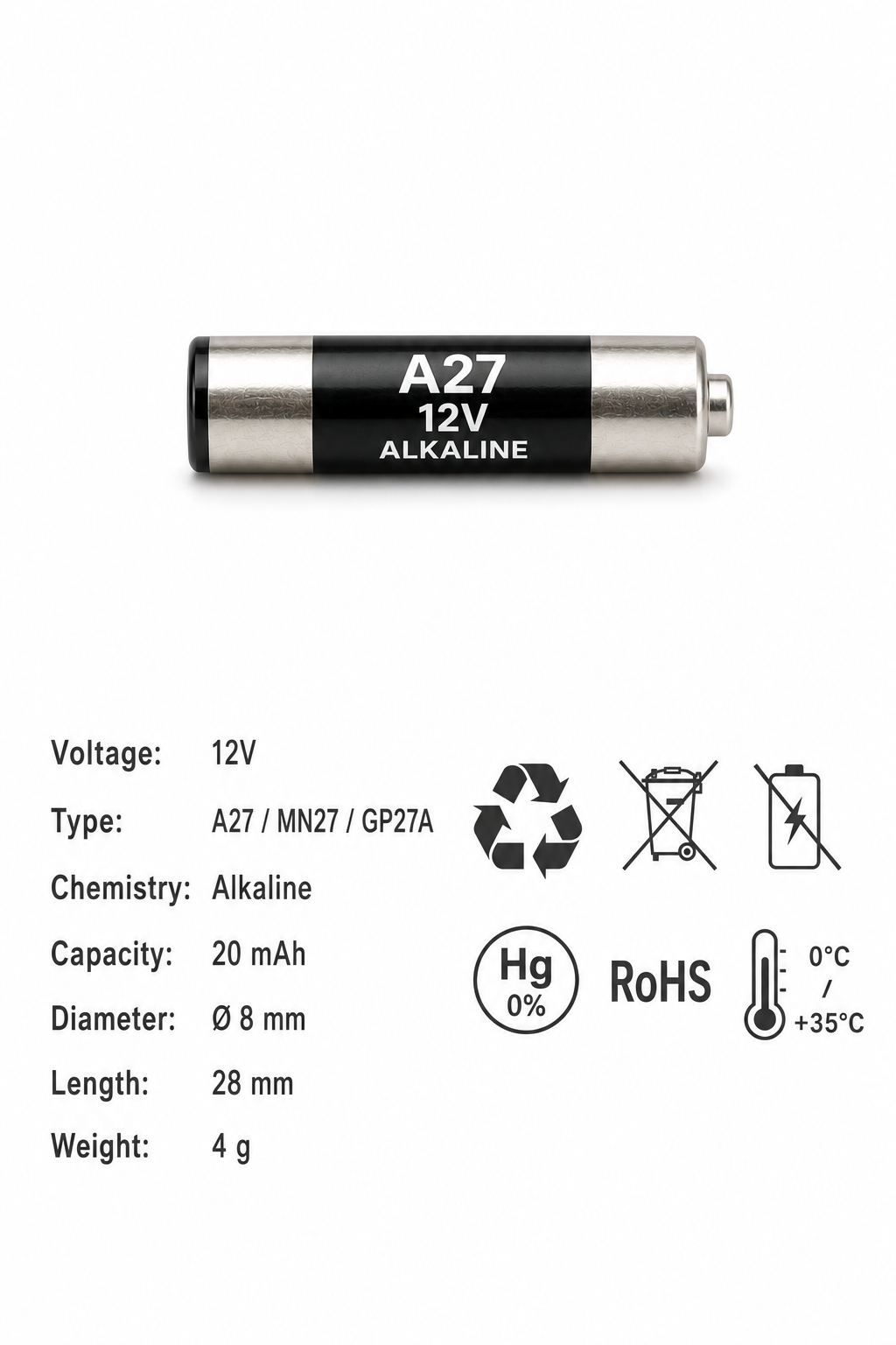 baterie A27 alkalická 12V hmotnost 4g ekologie recyklace